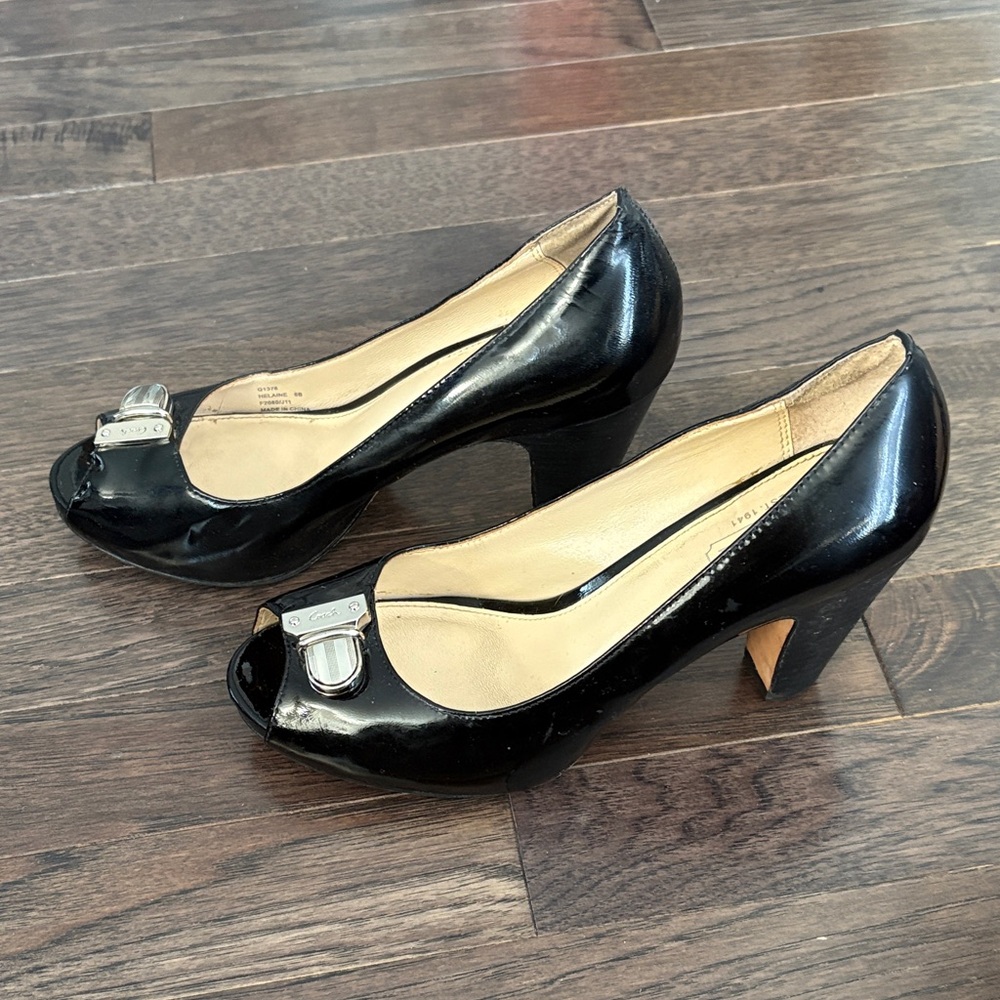 Coach Black Patent Leather Peep-Toe Heels